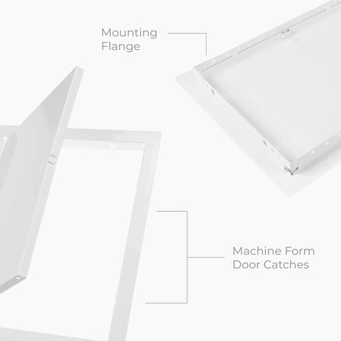 Top Notch 10 X 14 Inch Heavy Duty Metal Indoor Drywall Access Panel In Crisp White showing mounting flange and door catches.