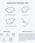 Instructions for inserting a pillow into a cover, with care tips for Outdoor Indoor Throw Pillows 2 Piece Set With Cozy Plush Inserts 18 By 18 Inch Square Pebble Blue All Weather Fabric For Bed Sofa Couch And Patio Furniture Indoors And Outdoors.