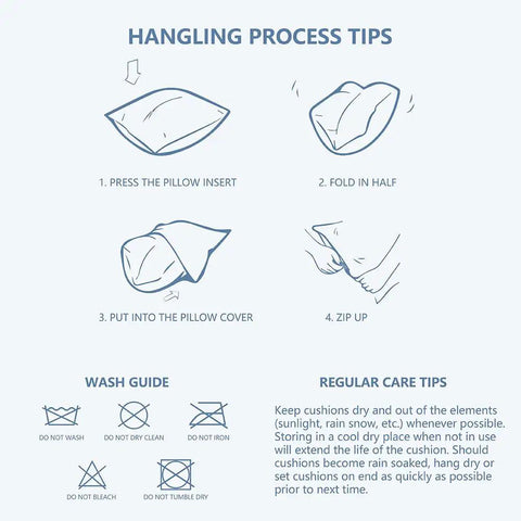 Instructions for inserting a pillow into a cover, with care tips for Outdoor Indoor Throw Pillows 2 Piece Set With Cozy Plush Inserts 18 By 18 Inch Square Pebble Blue All Weather Fabric For Bed Sofa Couch And Patio Furniture Indoors And Outdoors.