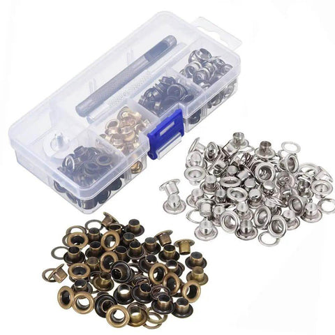 All In One Leather Grommet Kit 6mm Quarter Inch With 200 Eyelets In Gold Black Silver Bronze Includes 3 Grommet Tools