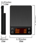 Compact Portable Coffee Scale With Timer 3kg 0.1g High Precision Espresso Scale side and front view dimensions