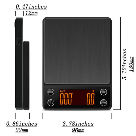 Compact Portable Coffee Scale With Timer 3kg 0.1g High Precision Espresso Scale side and front view dimensions
