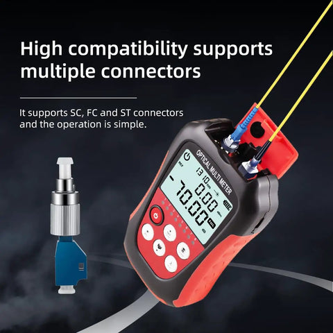 4-In-1 Optical Power Meter, Visual Fault Locator and RJ45 Tester showing screen display and connectors for fiber optic network maintenance.