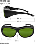 Dimensions of Pro Grade Broad Spectrum IPL and Laser Safety Goggles for Hair Removal and Cosmetic Uses with Protection 200 to 460 Nanometers and 800 to 2000 Nanometers, OD Five Plus, 30 Percent Visible Light, UV and Infrared Blocking, Light Green