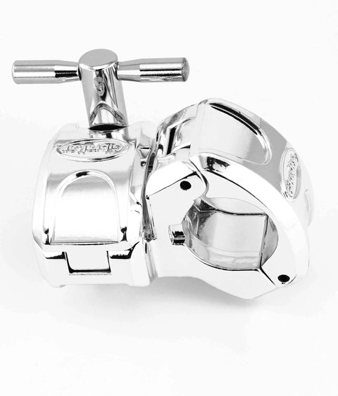 Top Shelf 1.5 Inch Chrome Drum Rack T Leg Clamp With Pro Quick Release Wingnut 90 Degree Inline T Connector close-up view.