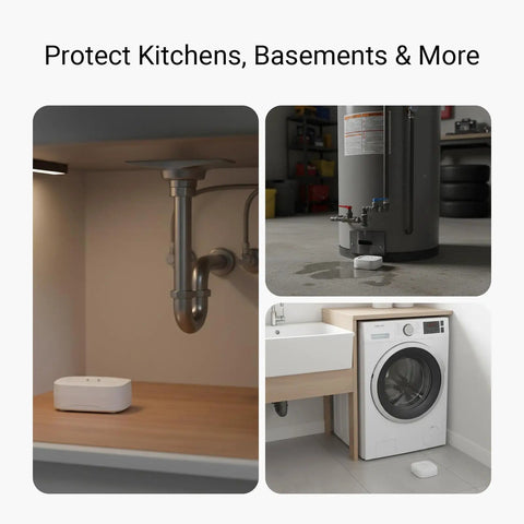Water Leak Starter Kit With LoRa Hub And 4 Leak Sensor 1 Units Plug And Play Setup Long Range Coverage For Toilet And Sinks App Email And SMS Alerts Offline Triggers 2 AAA Batteries Last Up To 5 Years Works With Alexa IFTTT And Home Assistant