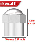 Chrome flat top brass tire valve cap with rubber seal for cars SUVs bikes trucks and motorcycles, showing size dimensions.