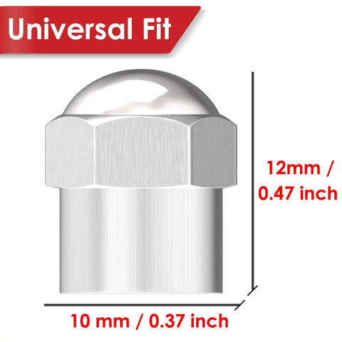Chrome flat top brass tire valve cap with rubber seal for cars SUVs bikes trucks and motorcycles, showing size dimensions.