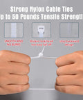 Hands pulling Tough As Nails 12 Inch White Zip Ties Mega Pack 1000 Count Outdoor UV Resistant Nylon Cable Ties Self Locking