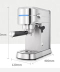 Semi Automatic Espresso Machine With 15 Bar Pressure And Powerful Milk Frother To Hit That Perfect Crema, Stainless Steel home coffee maker with sleek design and dimensions.