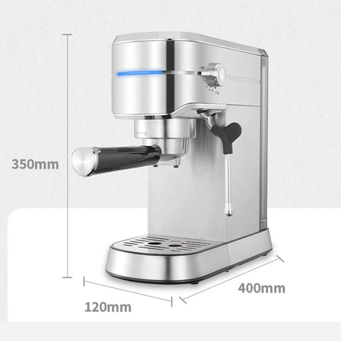 Semi Automatic Espresso Machine With 15 Bar Pressure And Powerful Milk Frother To Hit That Perfect Crema, Stainless Steel home coffee maker with sleek design and dimensions.