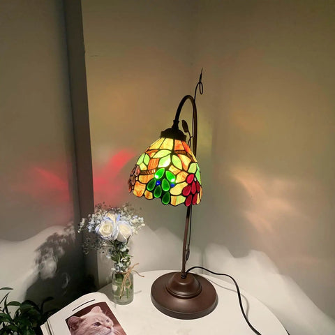 Grape Tiffany Style Stained Glass Table Lamp With Grapevine Decorated Base, 28-Inch Tall, 7-Inch Wide, Handmade Glass Craft, Warm White Glow