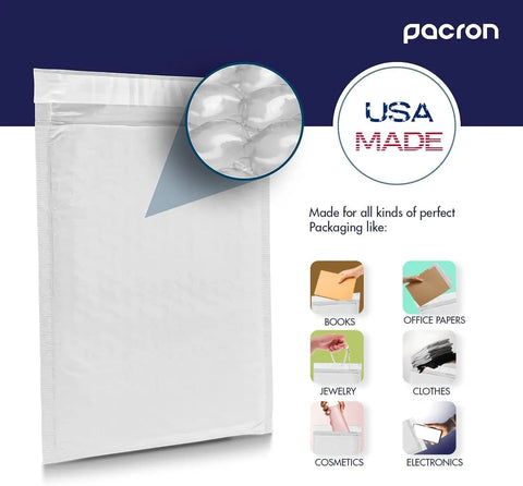 Image of 200 Pack Waterproof Poly Bubble Mailers 8.5 X 12 Inches with built tough, heavy duty build and instant seal adhesive.
