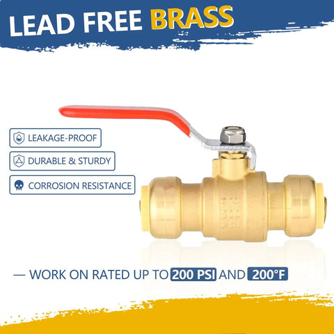 Three Quarter Inch Push Fit Ball Valve With Drain Full Port Brass Shut Off For Plumbing Fittings Copper Pex CPVC Pipe Pack