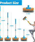 Heavy Duty Deck Scrub Brush With 60 Inch Long Handle For Moss Removal On Rough Surfaces shown in various sizes and use