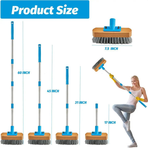 Heavy Duty Deck Scrub Brush With 60 Inch Long Handle For Moss Removal On Rough Surfaces shown in various sizes and use
