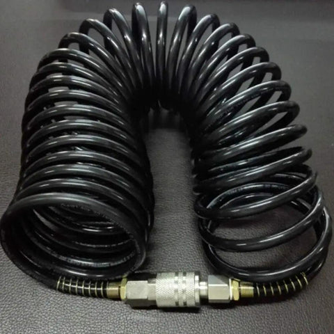 Coiled 25 Foot Air Compressor Hose With Bend Restrictor And One Quarter Quick Coupler Coiled Flexible Hose With Solid Copper Connectors