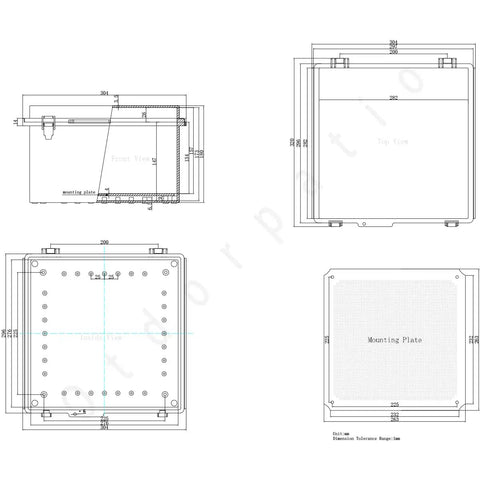 Rugged IP67 Waterproof ABS Junction Box With Hinged Clear Cover And Stainless Steel Latch, Includes 2 PG13.5 Cable Glands, Mounting Plate And Wall Bracket, Weatherproof Electrical Enclosure For Indoor Outdoor Use, dimension drawing
