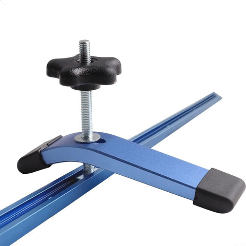 Premium M8 T Slot Hold Down Clamp Kit Blue Anodized Aluminum With Smooth Slide Feature For Router Table And Drill Press Woodworking Stables Materials close-up of clamp with black knob and aluminum body