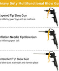 Heavy Duty Compressor Accessory Kit Loaded With A Digital Tire Inflator Sharp Pressure Gauge Blow Gun Hose Fittings Air Nozzles And One Quarter Npt Air Tool Rig For Weekend Garage Projects with blow guns for various inflations.