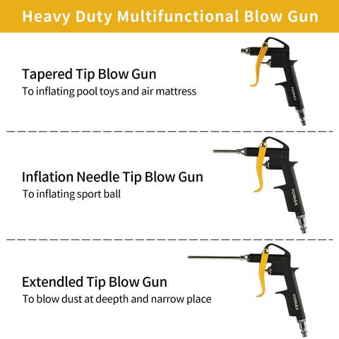 Heavy Duty Compressor Accessory Kit Loaded With A Digital Tire Inflator Sharp Pressure Gauge Blow Gun Hose Fittings Air Nozzles And One Quarter Npt Air Tool Rig For Weekend Garage Projects with blow guns for various inflations.