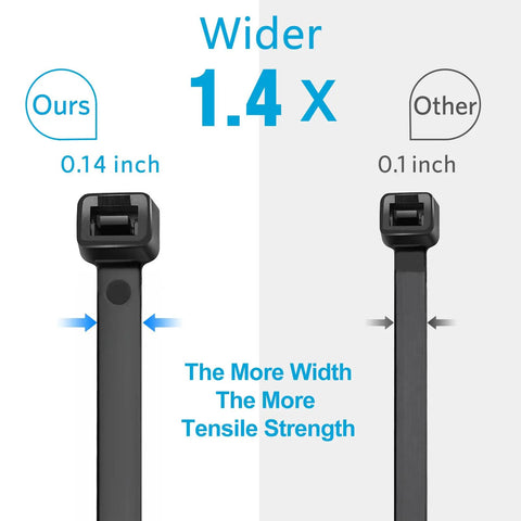 Comparison of 10 Inch Black Cable Ties 100 Pack Heavy Duty 45Lb Tensile Strength UV Resistant Nylon 0.14 inch vs 0.1 inch width