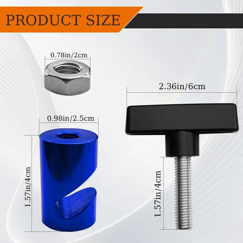 2-Pack Car Hood Prop Struts Clamp For Easy Hood Lift size dimensions and components, dark blue metal clip and nut.