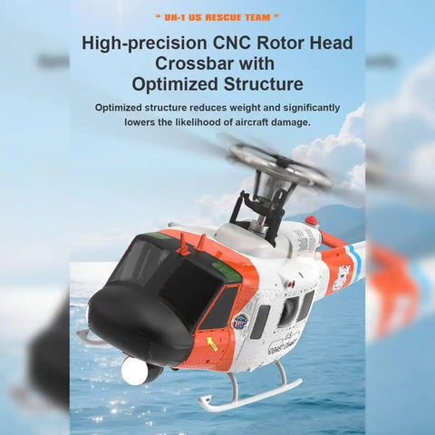 One Thirty Fourth Scale UH Huey RC Helicopter With GPS Positioning flying over ocean with CNC rotor head and rescue livery