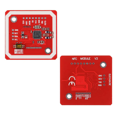 Front and back view of NFC Reader Module Kit V3 For Arduino And Raspberry Pi With I2C UART And HSU Modes, red PCB design.