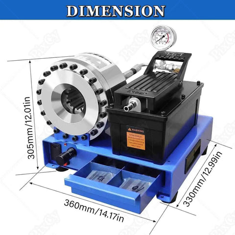 Heavy Duty Electric Hydraulic Hose Crimper With Eight Piece Full Die Set For Repairing 6-25 Mm Inner Diameter Fittings, side view showing dimensions.
