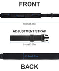 Diagram of Gait Belt With Quick Release Buckle For Safe Elderly Transfers And No Fuss Mobility, showing front, back, and adjustment strap dimensions.