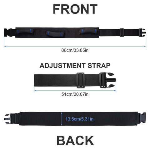 Diagram of Gait Belt With Quick Release Buckle For Safe Elderly Transfers And No Fuss Mobility, showing front, back, and adjustment strap dimensions.