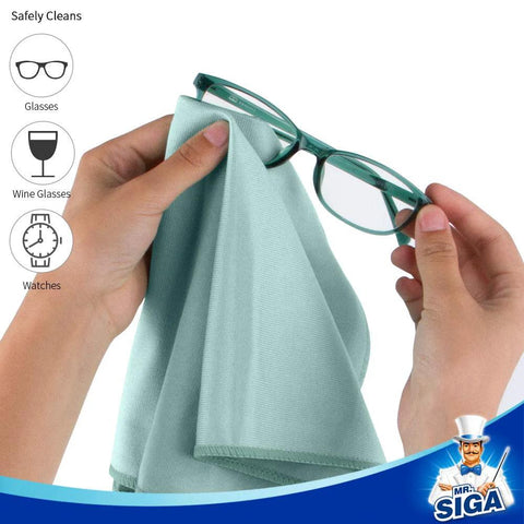 Glass Cleaning Microfiber Cloths 12 Pack 35x40 Cm Lint Free Gentle being used on eyeglasses