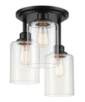 Three Light Industrial Tiered Matte Black Flush Mount Ceiling Light With Clear Glass Shade Dimmable E26 Base Low Profile Fixture