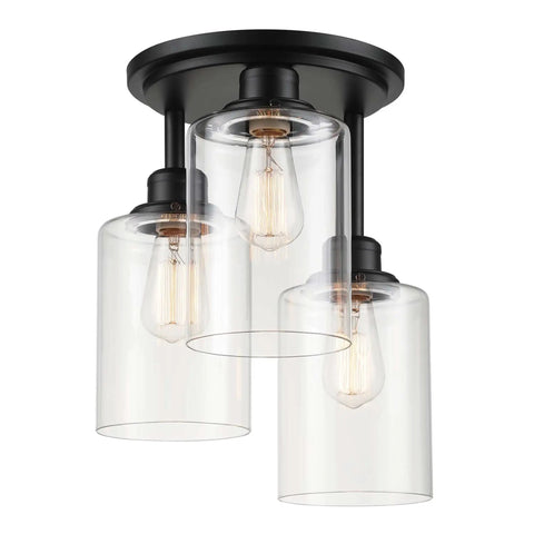 Three Light Industrial Tiered Matte Black Flush Mount Ceiling Light With Clear Glass Shade Dimmable E26 Base Low Profile Fixture