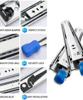 Heavy Duty Lockable Drawer Slides Full Extension Ball Bearing Zinc Coated Rails Rust Proof Glide with blue handle design.