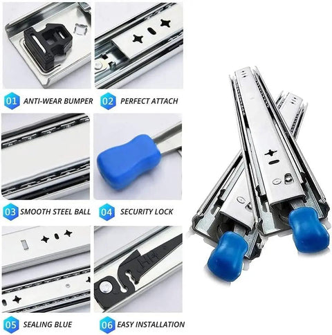 Heavy Duty Lockable Drawer Slides Full Extension Ball Bearing Zinc Coated Rails Rust Proof Glide with blue handle design.