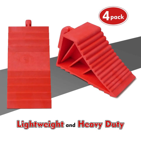 Heavy Duty Rubber Wheel Chocks Set Of 4 For Travel Trailers RV Campers And Trucks, Lightweight Yet Sturdy TPR Material, Red