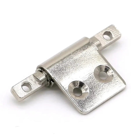Close-up of a silver T-shaped damping shaft torque positioning hinge with mounting holes