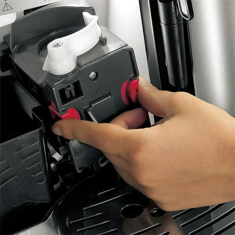 Hand adjusting the detachable water tank of the Badass Automatic Espresso Machine Bean To Cup Coffee Maker.
