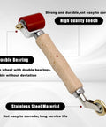 Seam roller tool with wooden handle, red 40mm silicone roller and brass 6mm penny detail (front view)