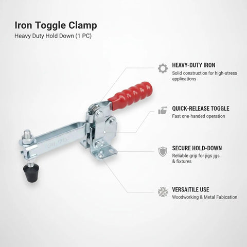 Badass Heavy Duty Iron Toggle Clamp For Woodworking Jigs And Welding Fixtures, Heavy Hitter Workbench Mount with red handle and quick-release toggle.