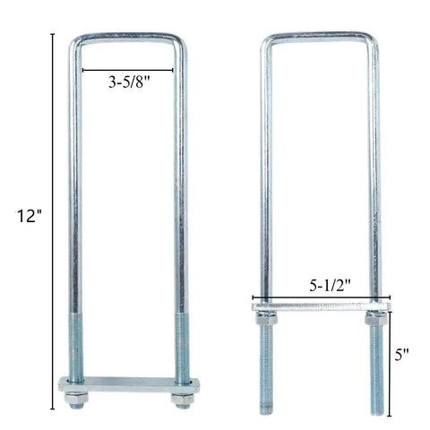Four Pack Three And A Half Inch By Twelve Inch Square Bend U Bolt Kit With Five Eighths Inch Diameter Heavy Duty Steel Bolts
