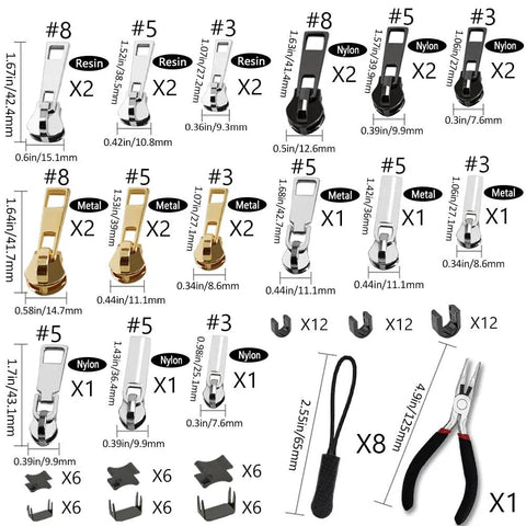 Zipper Repair Kit With Install Plier For Coats Jackets Tents Backpacks Sleeping Bags And Luggage Sizes 3 5 8