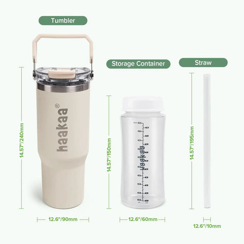 Double Wall Portable Breastmilk Cooler With Thirty Oz Capacity Keeps Fresh Nursing Storage Ice Cold For Twenty Hours Straight showing tumbler, storage container, and straw.