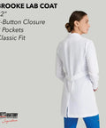 White Women's 3 Pocket Lab Coat 32 Inch 3X Large with soft touch fabric, rear view showcasing tailored shoulder lines.