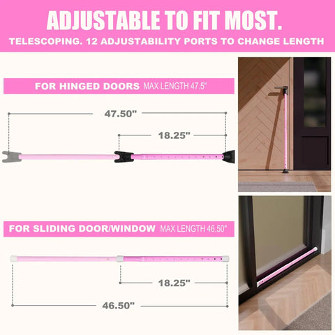 Adjustable length of Badass Heavy Duty Three In One Door Security Bar Lock with pink iron frame for doors and windows.