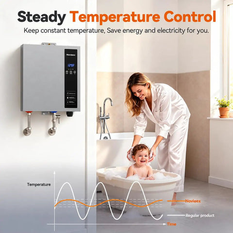 Heavy Duty 27KW Electric Tankless Water Heater With 240V Input And 7.4 GPM Throughput in a modern bathroom, providing steady hot water.