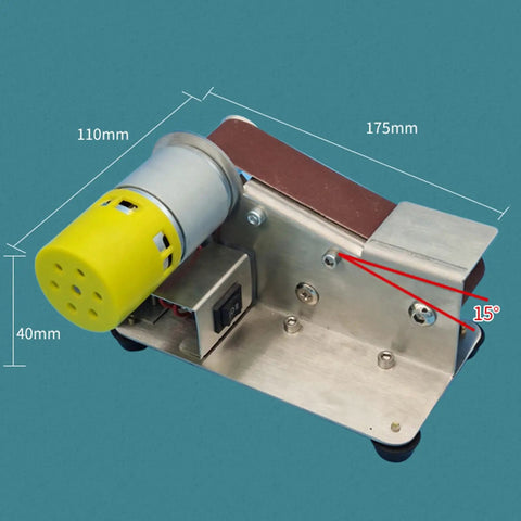 Pro Grade Mini Belt Sander Knife Sharpener With Seven Speed Settings, compact design with yellow motor and sloped belt for precision sharpening.