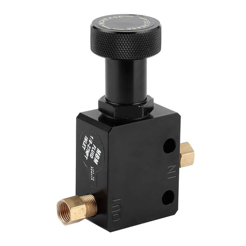 Adjustable Brake Proportioning Valve With Aluminum Alloy Housing And Two Connectors For Hot Rods And Muscle Cars Zero Slop Pedal Feel Tight Pressure Modulation Up To Twelve Hundred Psi Drop In Ready, featuring black finish and brass fittings.